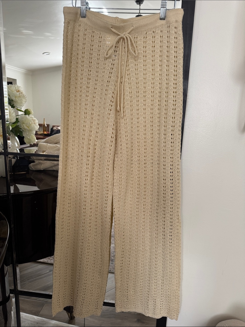 Beige Crochet Wide-Leg Knit Pants